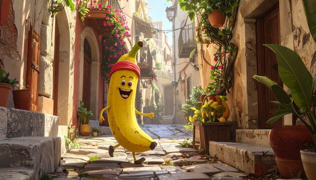 Eine fröhliche Banane mit Stirnband läuft durch eine mediterrane Gasse