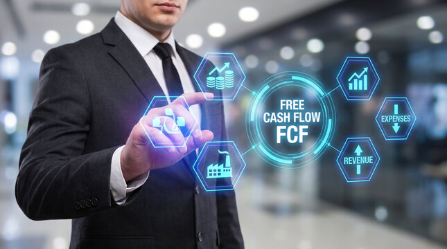 Professional businessman in dark suit interacting with glowing financial free cash flow interface screen hologram
