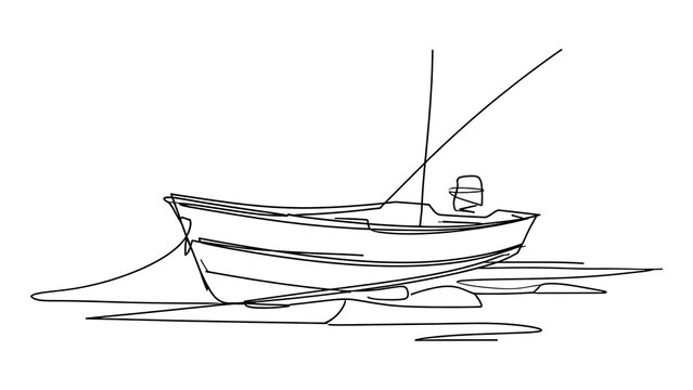 Minimalist line art fishing boat white background.