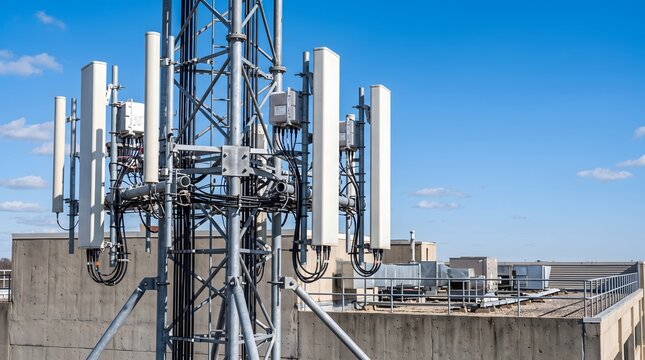 Cell tower antenna on rooftop, telecommunication and network infrastructure macro close-up, technology detail, industrial background