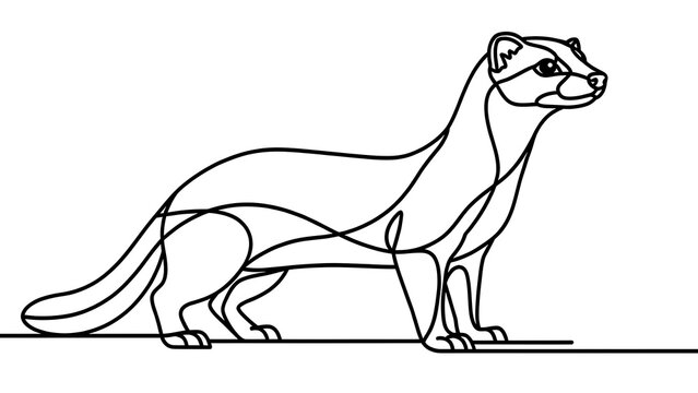 Black and white line drawing of a weasel white background.