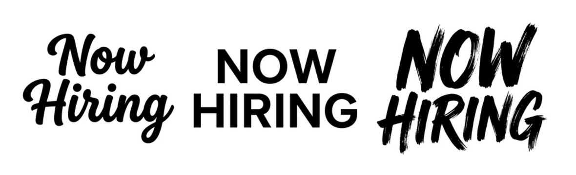 A now hiring sign on a transparent background with bold text