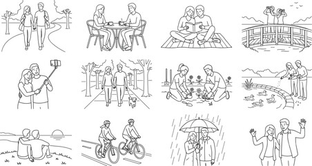 Fototapeta premium Couple Outdoor Lifestyle Activities Line Art Collection with Romantic Daily Moments Illustration SetCouple Outdoor Lifestyle Activities Line Art Collection with Romantic Daily Moments Illustration Set