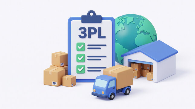 Three party logistics clipboard and delivery truck with cardboard boxes for global shipping and storage