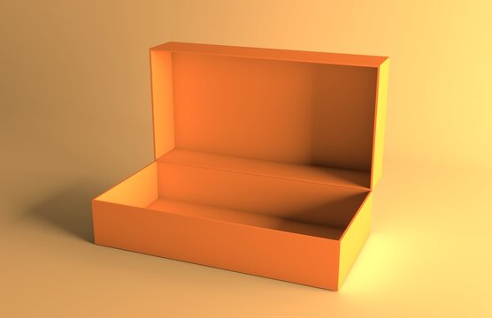 Orange Product Display Box Mockup on Yellow Background. Minimal Presentation Tray, Luxury Showcase, Branding Template