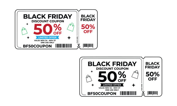 Black friday discount coupon ticket template 50 percent off vector design with e commerce