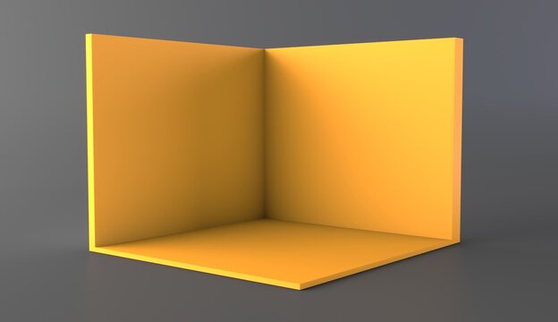 Square corner stand. Yellow blank exhibition stand. Blank box template.