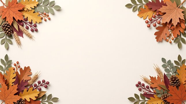 Festive autumn corner border frame with colorful fall leaves berries and pine cones on white background, seasonal