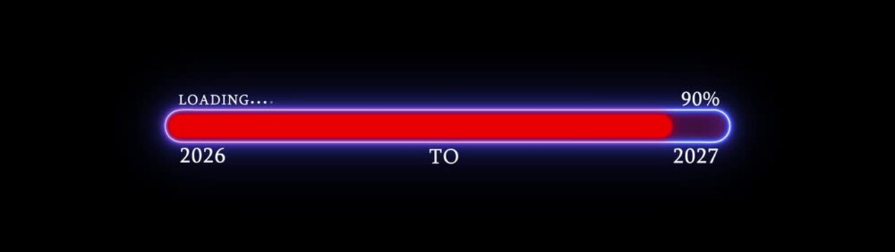 Glowing Red Neon New Year 2027 loading bar animation. Year changing from 2026 to 2027. Loading bar from 2026 to 2027 new year transfer animation. Welcoming the happy new year 2027
