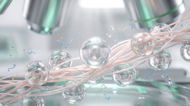 Microscopic view of cellular structures and biological fibers in a medical laboratory setting