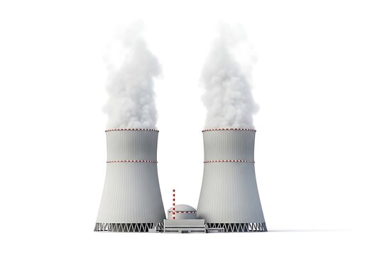 Nuclear power plant with cooling towers emitting steam