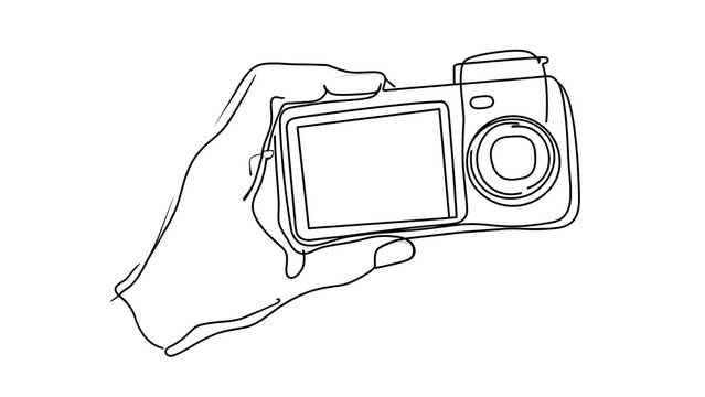 Hand holding camera illustration white background.