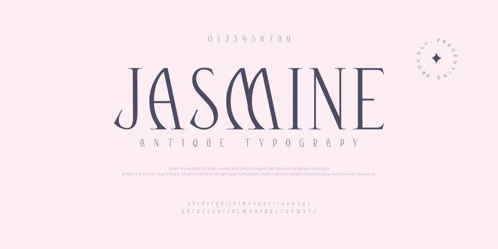 Jasmine typography beauty fashion elegant minimalist serif italic fonts decorative wedding vintage retro logos. Minimal luxury alphabet logo blossom font . Vector illustration