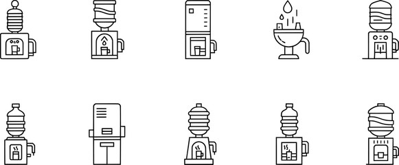 Fototapeta premium Water dispenser silhouettes collection, beverage machine icons, hydration illustration, drink design, minimalist black vector artwork