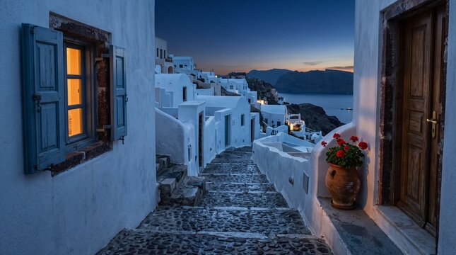 Twilight view of narrow santorini street and glowing white houses
