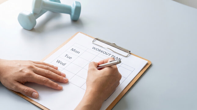 Workout journal plan schedule weekday table hand pen paper clipboard desk calm. Fitness health wellness. sport active training routine, goal motivation notebook writing