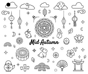 Mid Autumn festival line art doodle vector art hand drawn chinese mooncake and jake rabbit icon collection © Ade