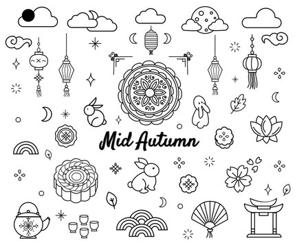 Mid Autumn festival line art doodle vector art hand drawn chinese mooncake and jake rabbit icon collection