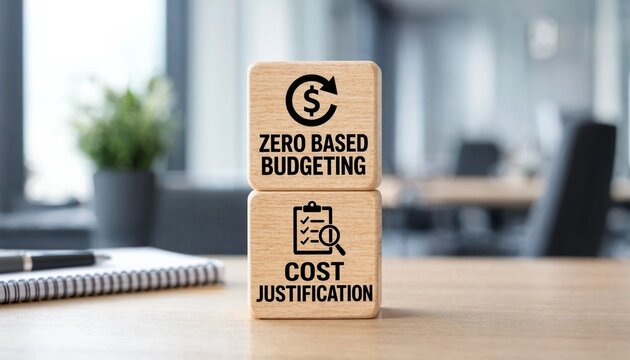Wooden blocks illustrating zero based budgeting and cost justification concepts on office desk with blurred background