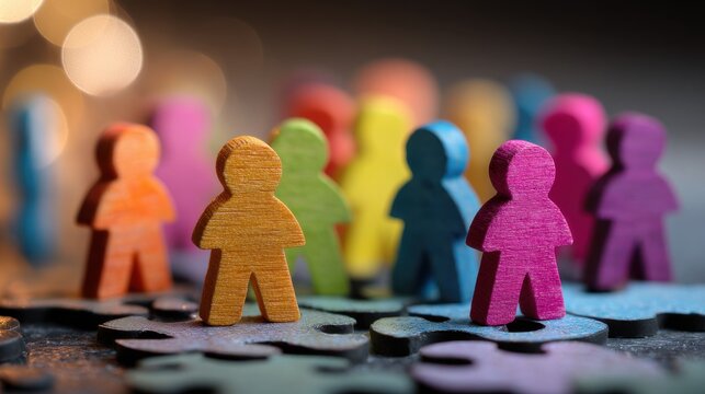 Colorful wooden figures stand on puzzle pieces representing diversity and community. Teamwork concept for.