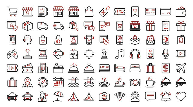Online Marketplace, Travel, Entertainment, and Hospitality Outline Icon Set with Editable Stroke for E Commerce, Hotels, Games, and Digital Services