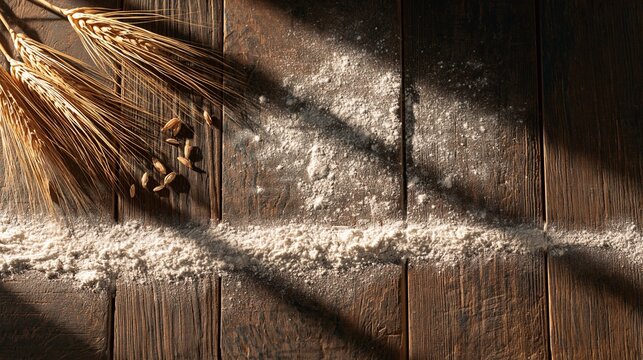 Flour dusted dark wooden table in warm sunlight, bakery backdrop