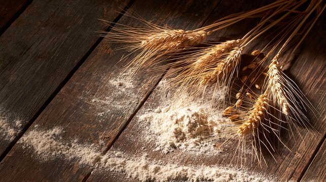 Rustic baking background with flour pile and wheat on dark wood