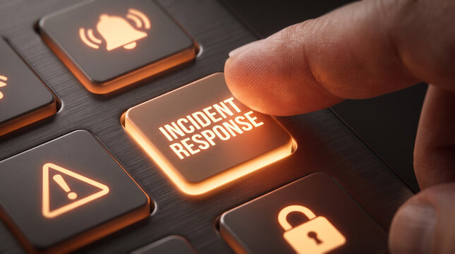 Human finger pressing glowing incident response button on dark metallic computer keyboard in dim lighting