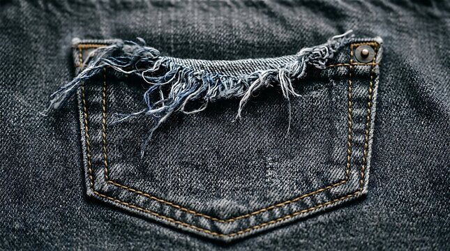 Old torn black denim jeans back pocket detail