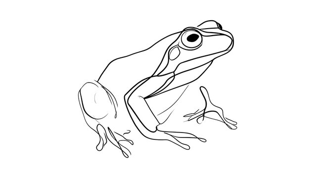 Detailed line art frog illustration on white background.