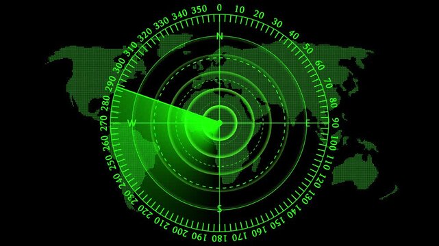 Abstract green radar screen background. Radar screen loop with scanning beam circular grid. Radar scanning technology background. Digital radar screen infographic HUD call loading radar target.