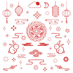Red Mid Autumn festival line art doodle vector art hand drawn chinese mooncake and jake rabbit icon collection © Ade
