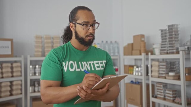 Man writing on clipboard while checking donations in donation center building; compassion community service.