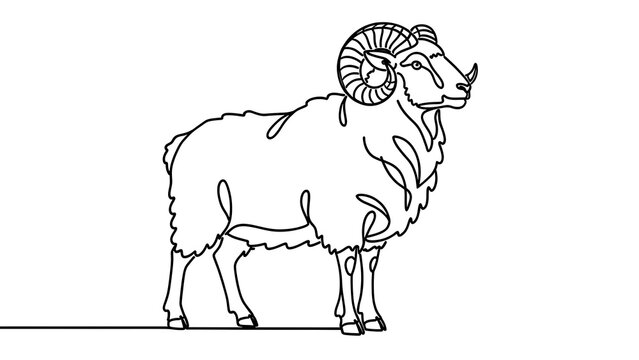 Illustrated ram with large horns white background.