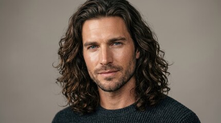 Obraz premium A man with long, wavy hair wearing a dark sweater against a neutral background.