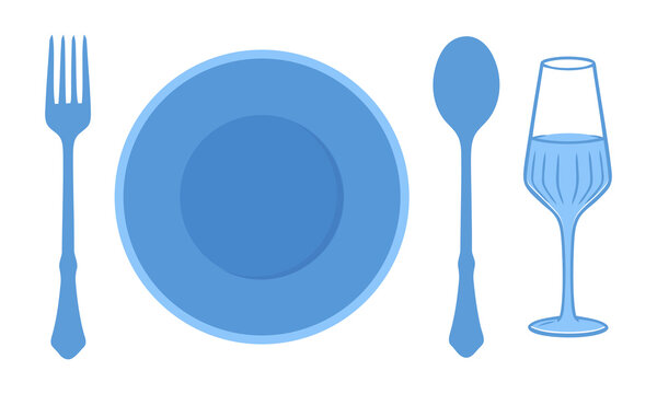 Minimal blue tableware collection featuring round plate, fork, spoon, and elegant drinking glass in simple flat vector style for restaurant menus, kitchen prints, and dining icons.