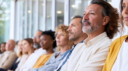 Fototapeta premium Diverse audience listening in bright meeting room