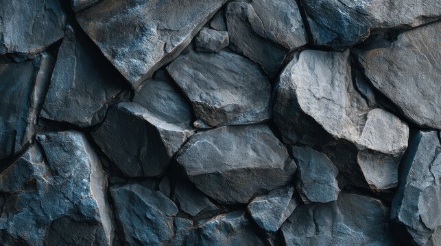 Closeup of a textured dark blue stone wall built with irregular rocks. Perfect background for architectural.