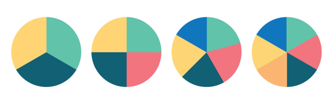 Circle divided into 3, 4, 5, 6 equal segments. Colorful arrows diagram icon set. Circle pie chart diagram. Circle division infographic icon collection. 