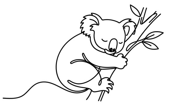Cute koala illustration eating leaves white background.