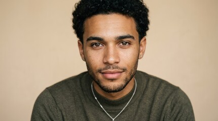 Obraz premium A man with curly hair wearing a green sweater, standing against a plain background.