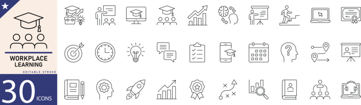 Workplace learning line icon set. Perfect for employee onboarding, skill assessment, microlearning module, peer mentoring, virtual classroom. Editable stroke. Vector illustration.