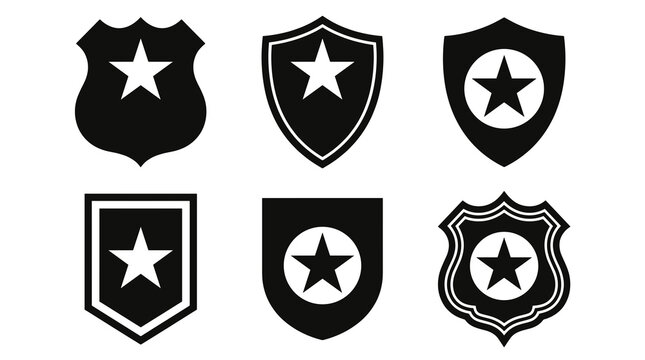 Set of six black shield icons with star symbols, police and security emblem shapes for badges