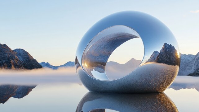 Floating glass dome structure on a tranquil lake surrounded by nature