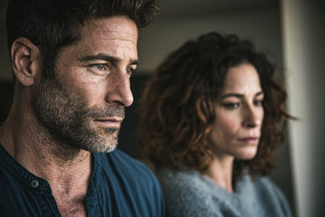 Obraz premium A man and woman stand close together, both appearing thoughtful and concerned, suggesting emotional tension or a serious conversation in a dimly lit environment.