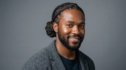Fototapeta premium A man with braided hair wearing a gray blazer, standing against a gray background.