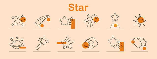 Star set icon. Sparkling shape, shooting comet, clustered sparkle, telescope observation, award trophy, radiant symbol, planetary orbit, magical wand collection. © Anastasia