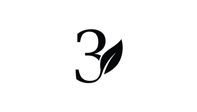 Creative logo combining the number three with a green organic leaf in clean elegant black stencil design template.