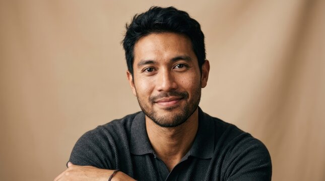 A man in a black polo shirt against a beige background.