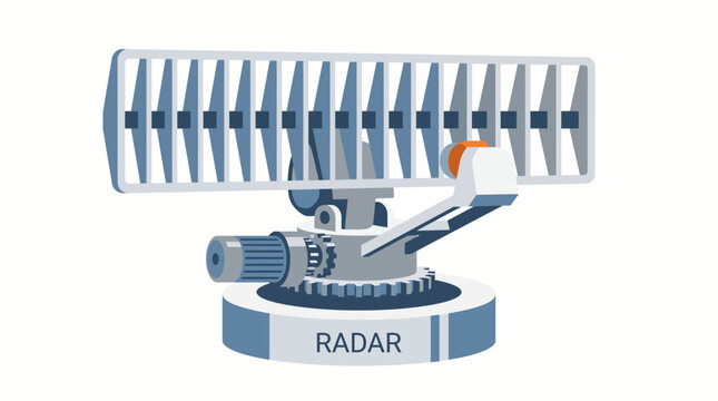 Illustration of a maritime radar system with a rotating parabolic dish on a circular pedestal and a large rectangular antenna array
